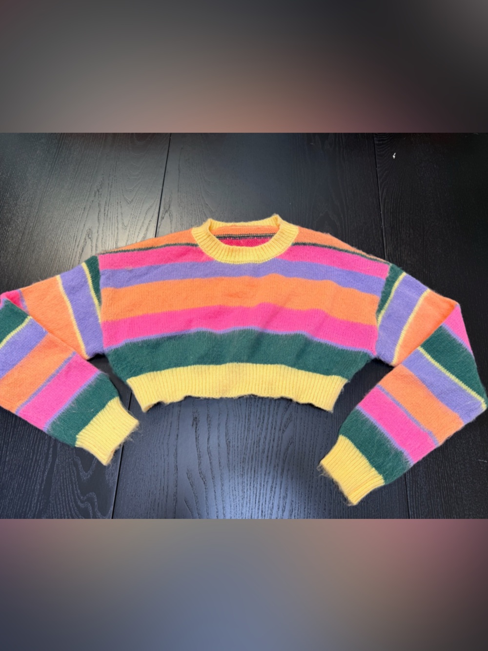 SHEIN Multicolor Striped Cropped Sweater - Yellow, Pink, Orange, Green, Purple